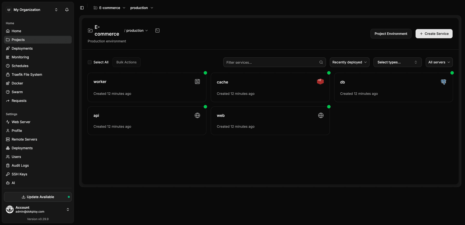 Dokploy dashboard showing projects and deployed services